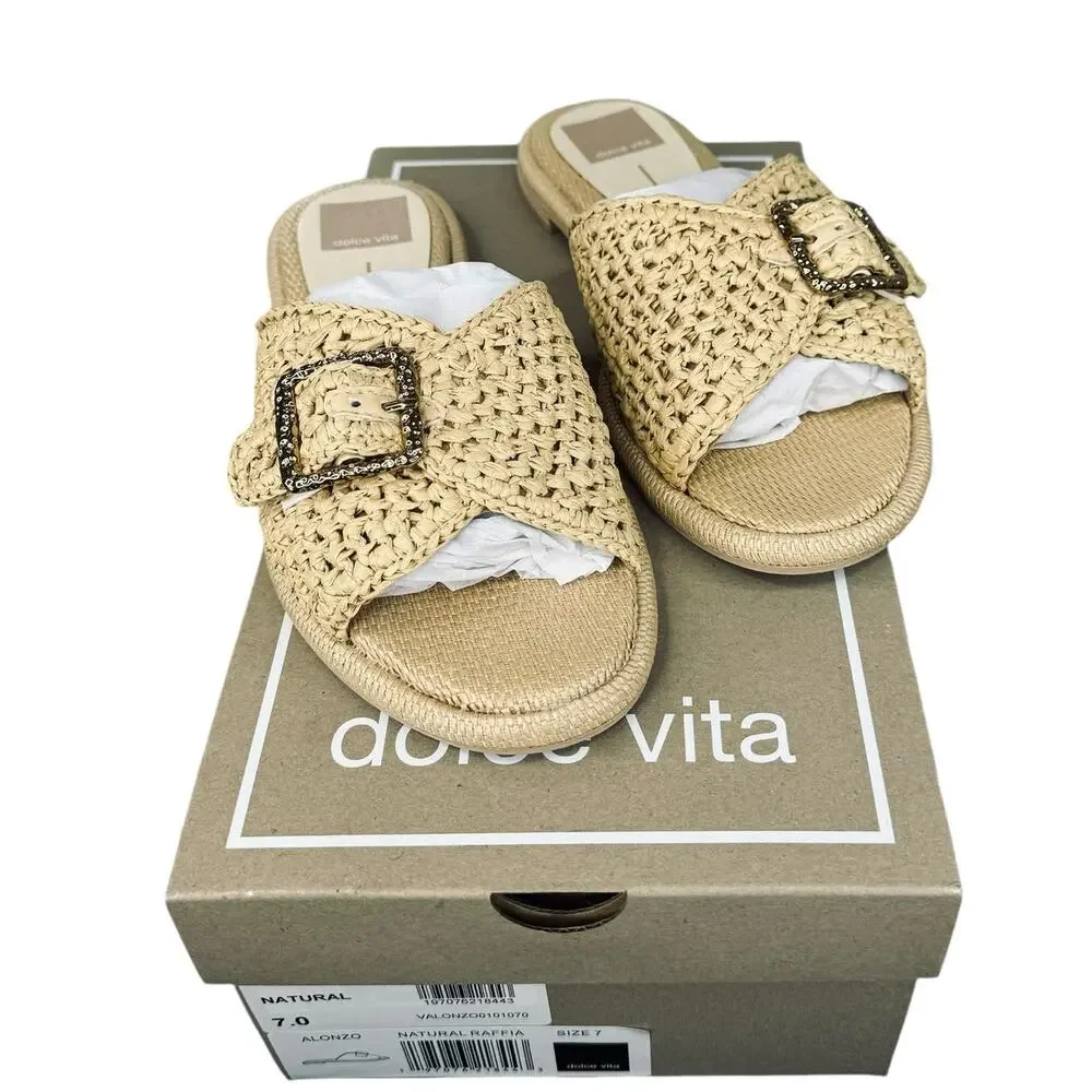 Dolce Vita NEW Alonzo Natural Raffia Buckle Slide Flat Sandal Size 7